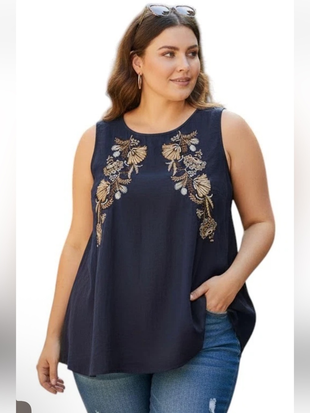 J.Jill Navy Embroidered Tank Top